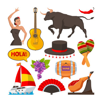 Travel pictures of spain cultural objects. Cartoon style illustrations isolate