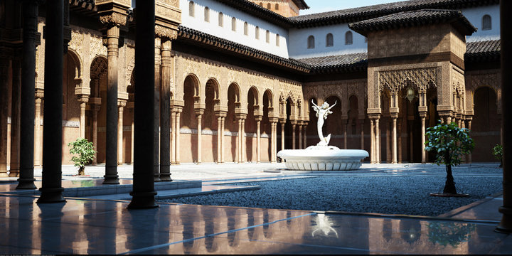 Open courtyard with middle eastern architecture influences and fountain. 3d rendering