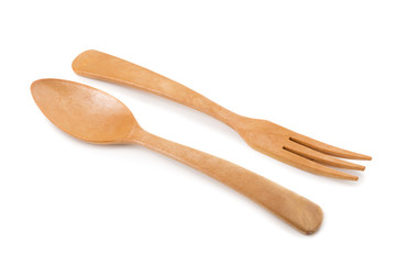 Wooden Spoon and fork isolated on a white background