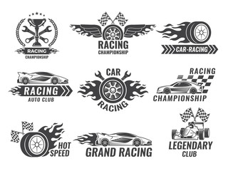 Monochrome labels and badges of sport labels. Racing cars