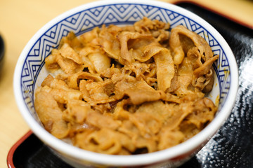 Rice with grilled pork teriyaki in the ceramic bowl under the black tray for japanese food background or texture.