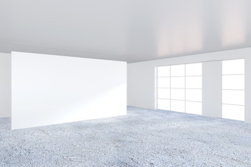 Empty bright office room with large billboard. Light ray on wall. 3D Rendering.