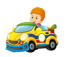 cartoon scene with child in toy sports car on white background - illustration for children