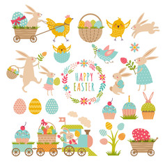 Vintage elements set of easter theme. Rabbits, eggs, ribbons and others symbols