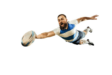 The silhouette of one caucasian rugby man player isolated on white background