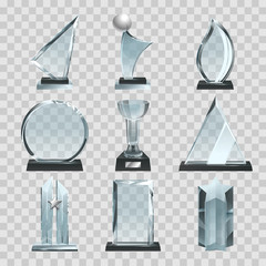 Glossy transparent trophies, awards and winner cups. Vector illustrations