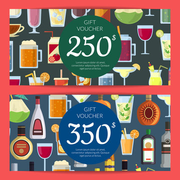 Vector gift voucher or discount card template with alcoholic drinks in glasses and bottles in flat style
