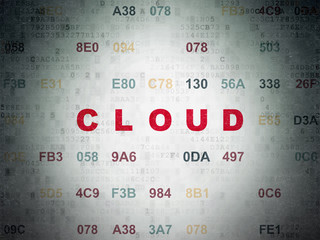 Cloud technology concept: Painted red text Cloud on Digital Data Paper background with Hexadecimal Code