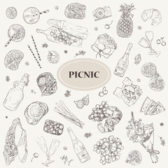 Picnic icon set vector illustration Hand drawn sketchy romantic elements Summer Food Drinks Wine. Seamless background