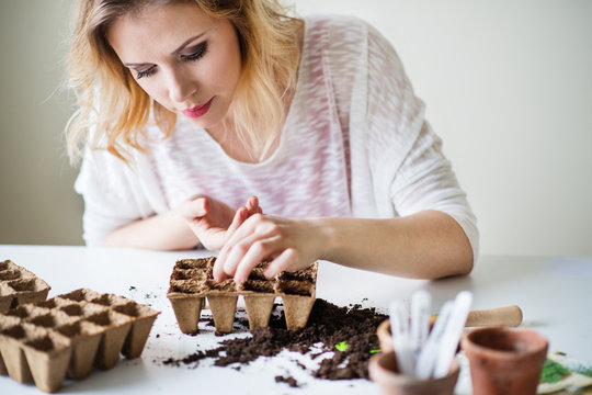 Young Woman Planting Seeds At Home.