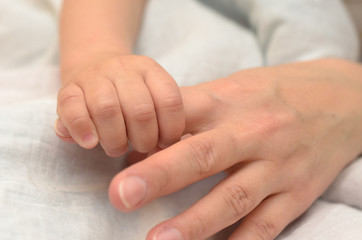 Obraz na płótnie Canvas A child's hand holds Mom by the finger.