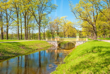 Bright old bridge in spring in the Park of Tsarskoye Selo