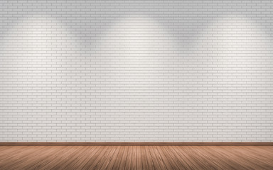 Brick wall and wood floor in room with three light for artwork - 3d illustration
