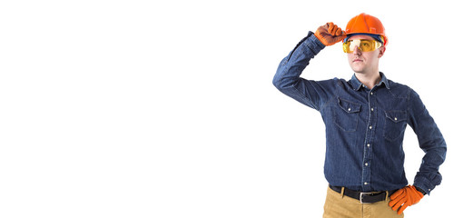 Portrait of  repairman (builder) in helmet gesturing okay isolated on white background. Copy space
