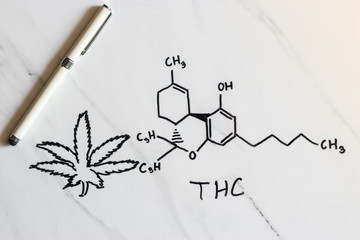 A beautiful sheet of cannabis marijuana in the defocus with image of the formula THC