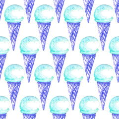 Hand drawn seamless pattern with ice-cream. Sweet summer print for notebook cover, posters, postcards, banners. Watercolor background with different types of ice cream  for cafe or restaurant menu.