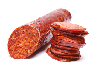 Spanish chorizo sausage on white background