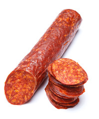 Spanish chorizo sausage on white background