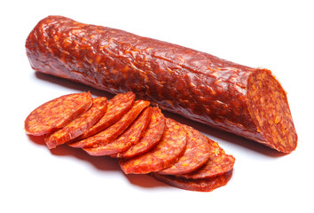 Spanish chorizo sausage on white background