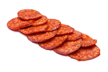 Spanish chorizo sausage on white background