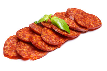 Spanish chorizo sausage on white background