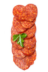 Spanish chorizo sausage on white background