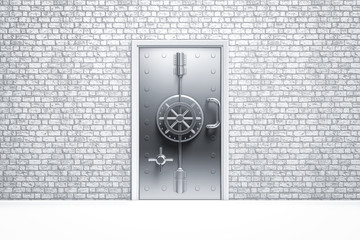 home security safe door on brick wall 3d rendering