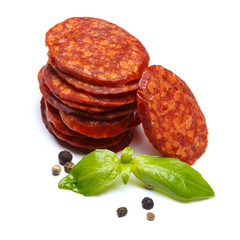 Spanish chorizo sausage on white background