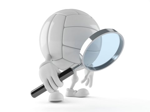 Volleyball character looking through magnifying glass