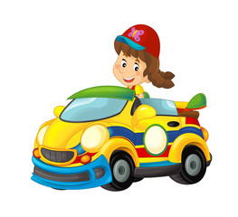 Cartoon scene with girl in sports car smiling and looking - illustration for children