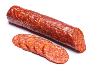 Spanish chorizo sausage on white background