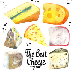 Watercolor illustration with different noble cheeses: camembert, gouda, parmesan, blue, edammer, maasdam, brie, roquefort. Snack bar. Farm dairy illustrations. Fresh organic food.