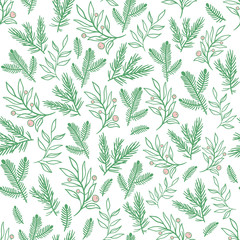 Christmas holiday pattern. Vector illustration. Gentle seamless green, white background of branches, berries and leaves.
