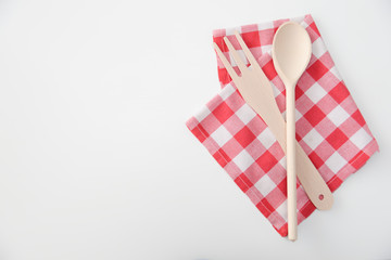 Kitchen utensils on tablecloth