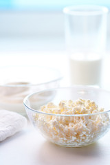 Curd cheese and milk on a white background.
