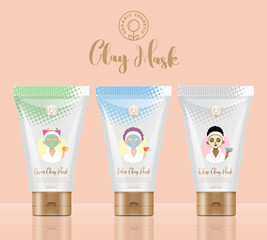Cosmetic clay packaging concept. Three tubes with different prints. Logo and cute girls illustration.