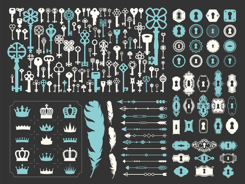 Vector illustration with design illustrations for decoration. Big silhouettes set of keys, locks, crown, illustrations, arrows, feathers on black background. Vintage style.