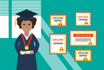 african american graduate girl near wall with hanging diplomas