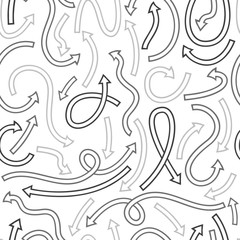 Seamless pattern with different curved arrows. Vector illustration on white background.