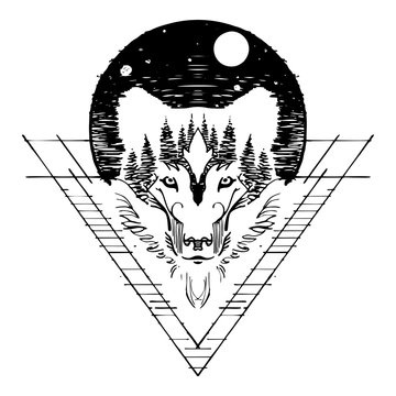 Wolf face double exposure with  forest and full moon in night sky design with sketch pen style for tattoo vector with white background