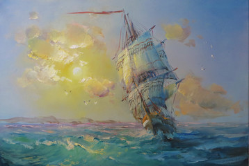 Seascape. Sunrise, sailing ship - 197053939
