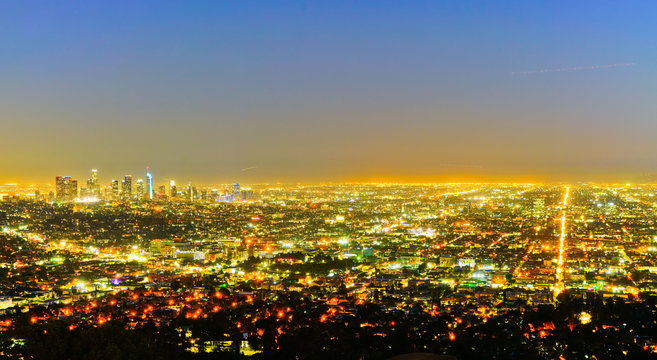 The city center of Los Angeles at night.