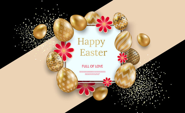 Easter card with square frame and gold ornate eggs on a light background. Vector illustration. Place for your text. Golden eggs with small floral and geometric patterns