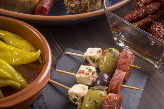 Small appetizers on skewers