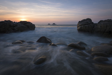 Porth Nanven beach at sunset in West Cornwall.