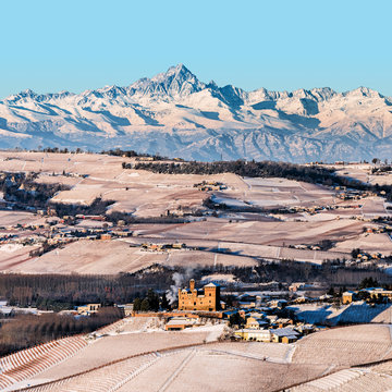 Grinzane Cavour Castle and mountains in northern italy, langhe region, piedmont