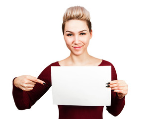 Portrait of beautiful girl holding blank A4 with copy space. Isolated on white.