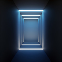 3d render of abstract illuminated empty corridor interior made of gray concrete, glowing blue lines, daylight tunnel with no exit, fluorescent background, minimalistic space