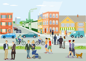 Obraz na płótnie Canvas Stadt mit Straßenverkehr, Radfahrer und Fußgänger, Illustration