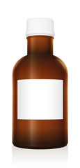 Medicine bottle. Dark brown glass vial with blank label and closed white plastic screw cap - isolated vector illustration on white background.